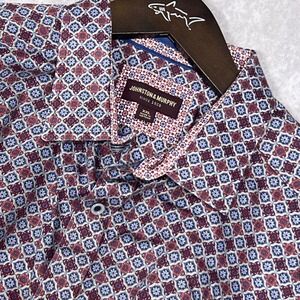 Johnston & Murphy Button Down Shirt Mens XXL Burgundy Blue Geometric LS